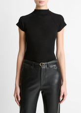 VINCE | Wool Raglan Cap-Sleeve Mock-Neck Top in Short Sleeve - BLACK