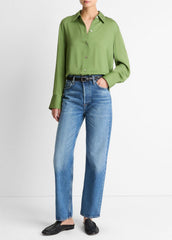 VINCE | Stretch-Silk Button-Front Blouse in Long Sleeve - CLOVER