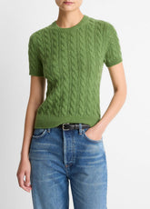 VINCE | Cable-Knit Wool & Cashmere-Blend Short-Sleeve Sweater in Crew Neck - CLOVER