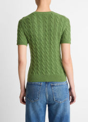 VINCE | Cable-Knit Wool & Cashmere-Blend Short-Sleeve Sweater in Crew Neck - CLOVER
