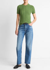 VINCE | Cable-Knit Wool & Cashmere-Blend Short-Sleeve Sweater in Crew Neck - CLOVER