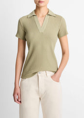 VINCE | Ribbed Cotton-Blend Polo Shirt in Short Sleeve - OLIVE STONE