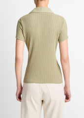 VINCE | Ribbed Cotton-Blend Polo Shirt in Short Sleeve - OLIVE STONE