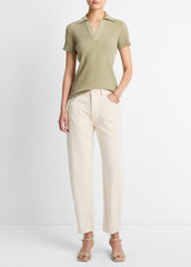 VINCE | Ribbed Cotton-Blend Polo Shirt in Short Sleeve - OLIVE STONE