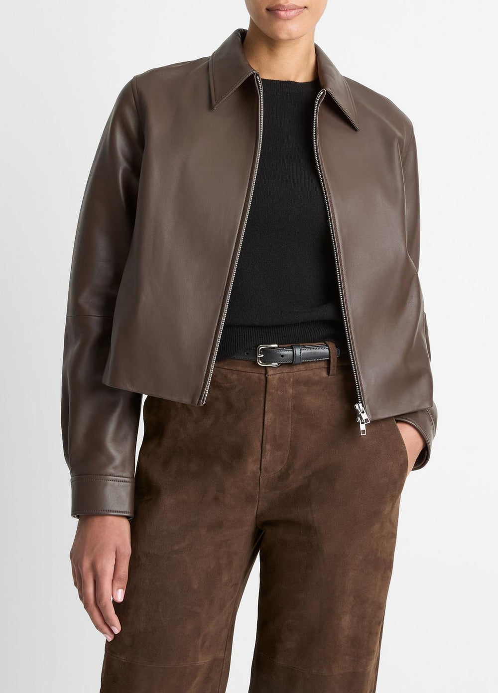 VINCE | Leather Cropped Zip-Front Jacket in Leather Jackets - CHOCOLATE