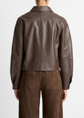 VINCE | Leather Cropped Zip-Front Jacket in Leather Jackets - CHOCOLATE