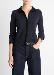 VINCE | Contrast-Trim Wool & Cashmere-Blend Collared Cardigan in Cardigans - NIGHT MARINE/BLACK