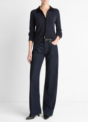 VINCE | Contrast-Trim Wool & Cashmere-Blend Collared Cardigan in Cardigans - NIGHT MARINE/BLACK