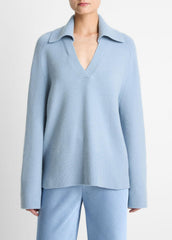 VINCE | Wool & Cashmere-Blend Oversized Polo Sweater in V-Neck - PACIFIC