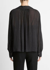 VINCE | Metallic-Stripe Gathered Blouse in Long Sleeve - BLACK