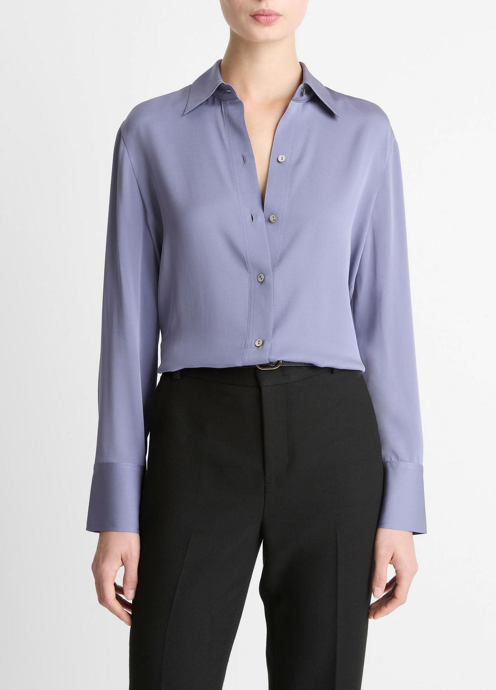 VINCE | Stretch-Silk Button-Front Blouse in Long Sleeve - MAUVE IRIS