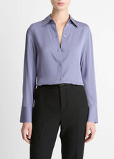 VINCE | Stretch-Silk Button-Front Blouse in Long Sleeve - MAUVE IRIS