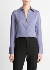 VINCE | Stretch-Silk Button-Front Blouse in Long Sleeve - MAUVE IRIS