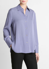VINCE | Stretch-Silk Button-Front Blouse in Long Sleeve - MAUVE IRIS