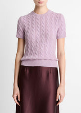 VINCE | Cable-Knit Wool & Cashmere-Blend Short-Sleeve Sweater in Crew Neck - AMETHYST