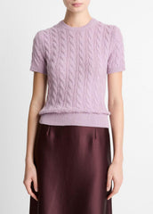VINCE | Cable-Knit Wool & Cashmere-Blend Short-Sleeve Sweater in Crew Neck - AMETHYST