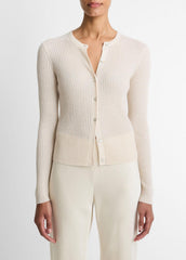 VINCE | Ribbed Cashmere-Silk Cardigan in Cardigans - WHITE SAND