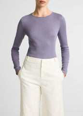 VINCE | Ribbed Pima Cotton Long-Sleeve T-Shirt in Long Sleeve - MAUVE IRIS