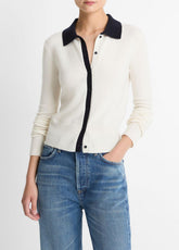 VINCE | Contrast-Trim Wool & Cashmere-Blend Collared Cardigan in Cardigans - OFF WHITE/COASTAL BLUE