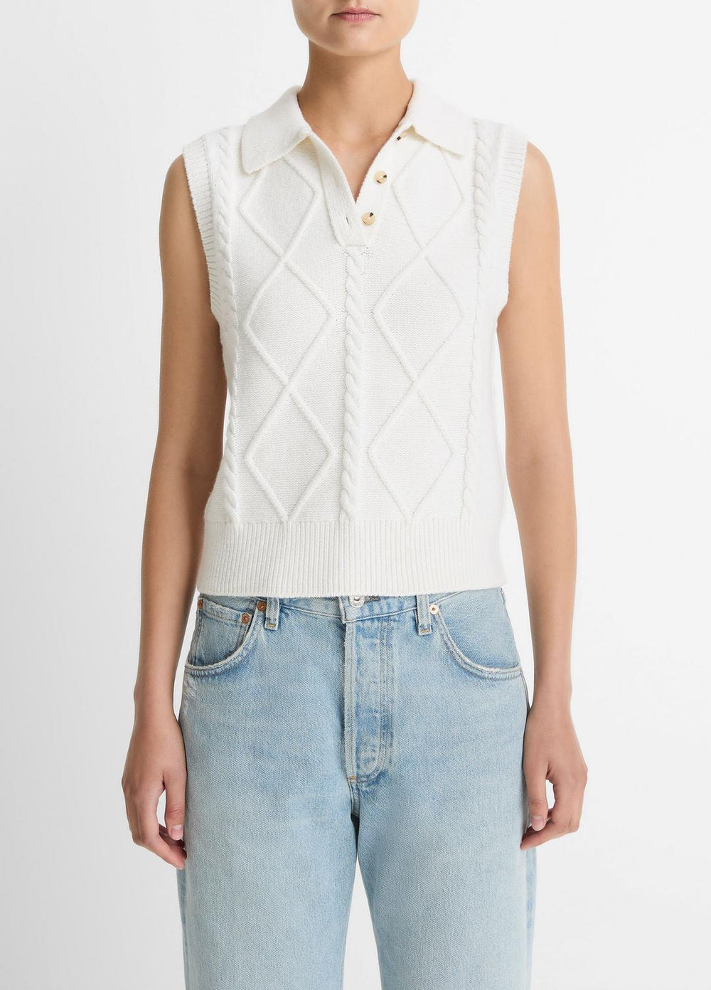 VINCE | Cable-Knit Wool & Cotton-Blend Sweater Vest in V-Neck - OFF WHITE