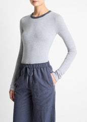 VINCE | Tipped Heathered Pima Cotton-Blend Long-Sleeve T-Shirt in Long Sleeve - HEATHER THISTLE COMBO
