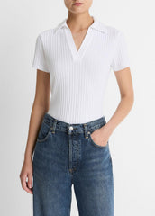 VINCE | Ribbed Cotton-Blend Polo Shirt in Short Sleeve - OPTIC WHITE