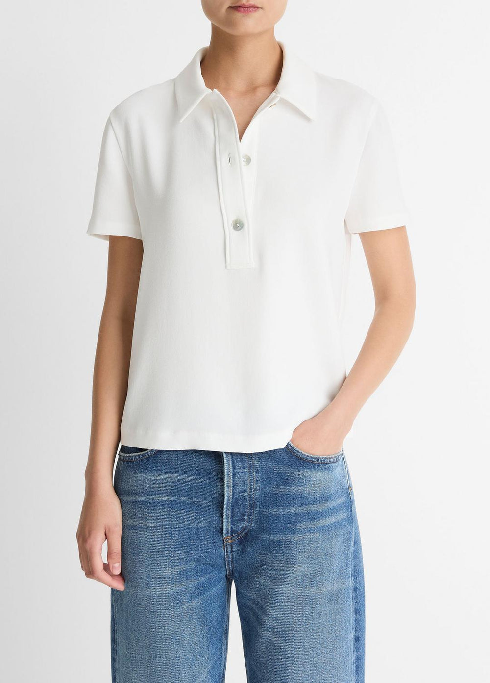 VINCE | Crepe Polo Shirt in Short Sleeve - OFF WHITE