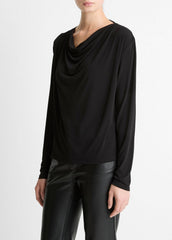 VINCE | Matte Jersey Cowl-Neck Top in Long Sleeve - BLACK