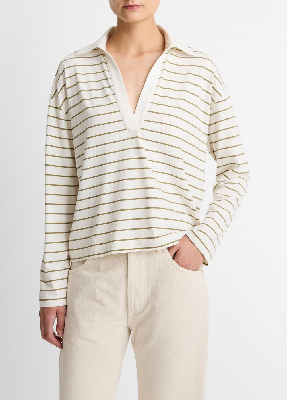 VINCE | Striped Cotton Long-Sleeve Polo Shirt in Long Sleeve - OLIVE STONE COMBO