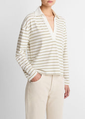 VINCE | Striped Cotton Long-Sleeve Polo Shirt in Long Sleeve - OLIVE STONE COMBO