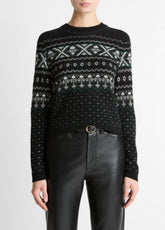 VINCE | Fair Isle Plush Cashmere Sweater in Crew Neck - BLACK/WHITE COMBO