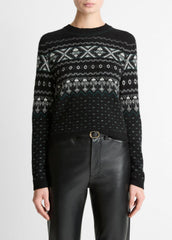VINCE | Fair Isle Plush Cashmere Sweater in Crew Neck - BLACK/WHITE COMBO