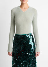 VINCE | Metallic Ribbed High V-Neck Sweater in V-Neck - LIGHT ALOE STONE METALLIC
