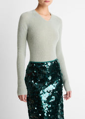 VINCE | Metallic Ribbed High V-Neck Sweater in V-Neck - LIGHT ALOE STONE METALLIC
