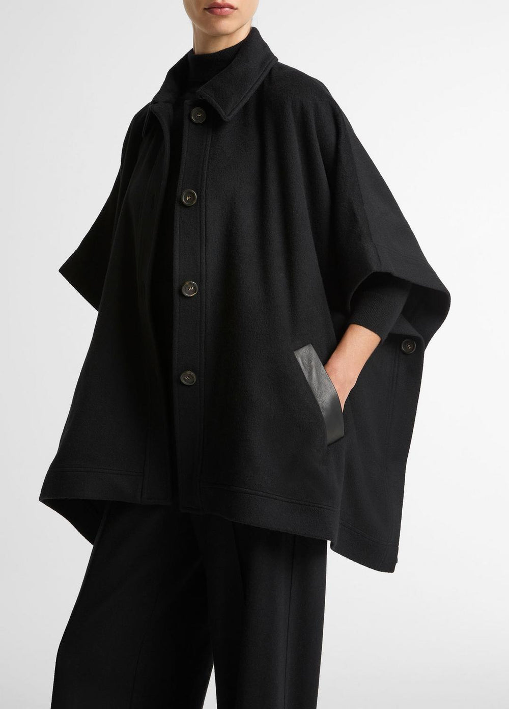 VINCE | Leather-Trim Wool Cape in Accessories - BLACK