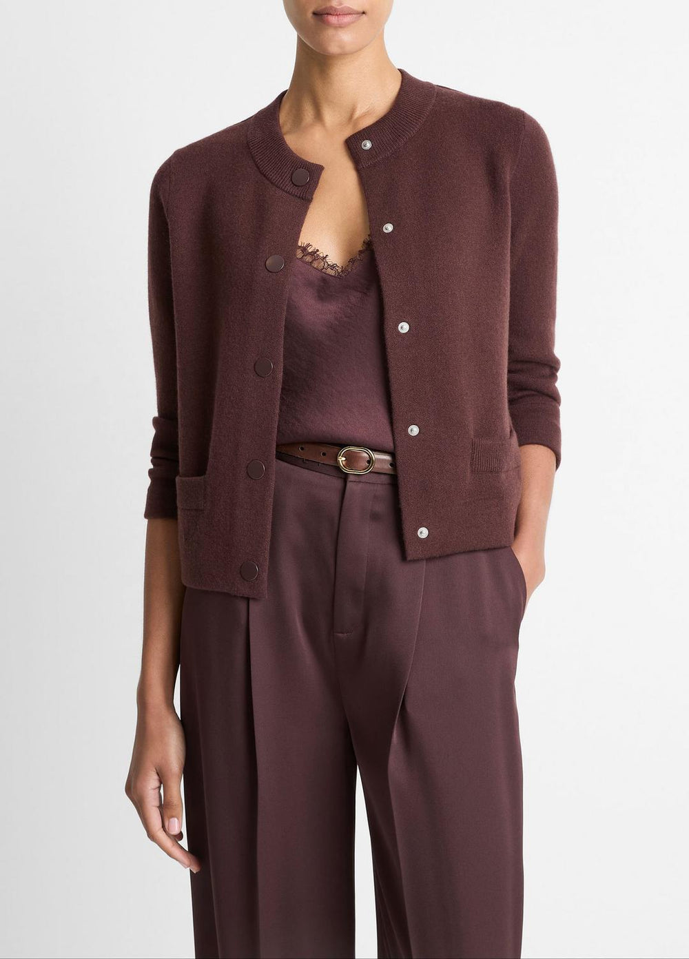 VINCE | Wool-Blend Shrunken Snap Cardigan in Cardigans - FIG