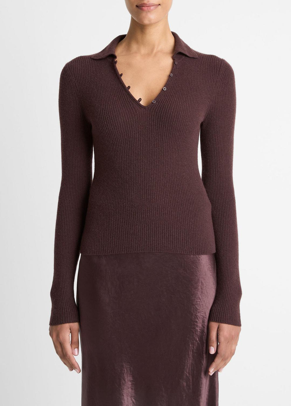 VINCE | Ribbed Cashmere-Silk Polo Sweater in Cashmere - FIG