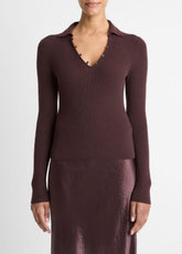 VINCE | Ribbed Cashmere-Silk Polo Sweater in Cashmere - FIG