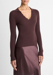 VINCE | Ribbed Cashmere-Silk Polo Sweater in Cashmere - FIG