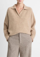 VINCE | Donegal Plush Cashmere Dolman-Sleeve Polo Sweater in Cashmere - HEATHER OAT DONEGAL