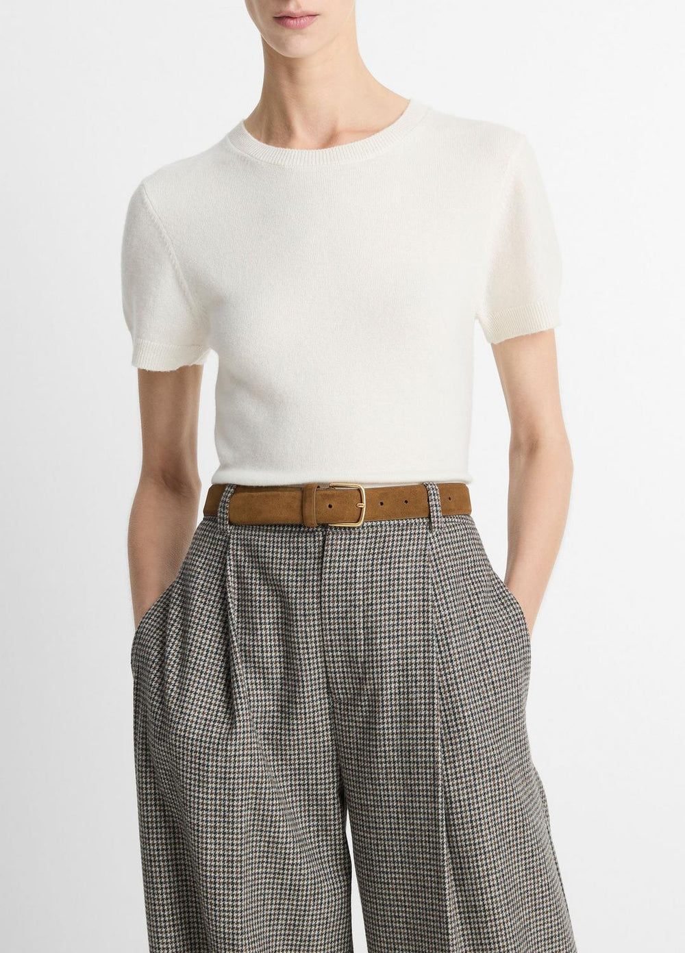VINCE | Wool & Cashmere-Blend Short-Sleeve Sweater in Crew Neck - OFF WHITE