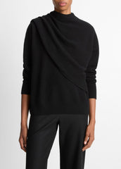 VINCE | Draped-Shawl Wool-Cashmere Sweater in Turtleneck - BLACK