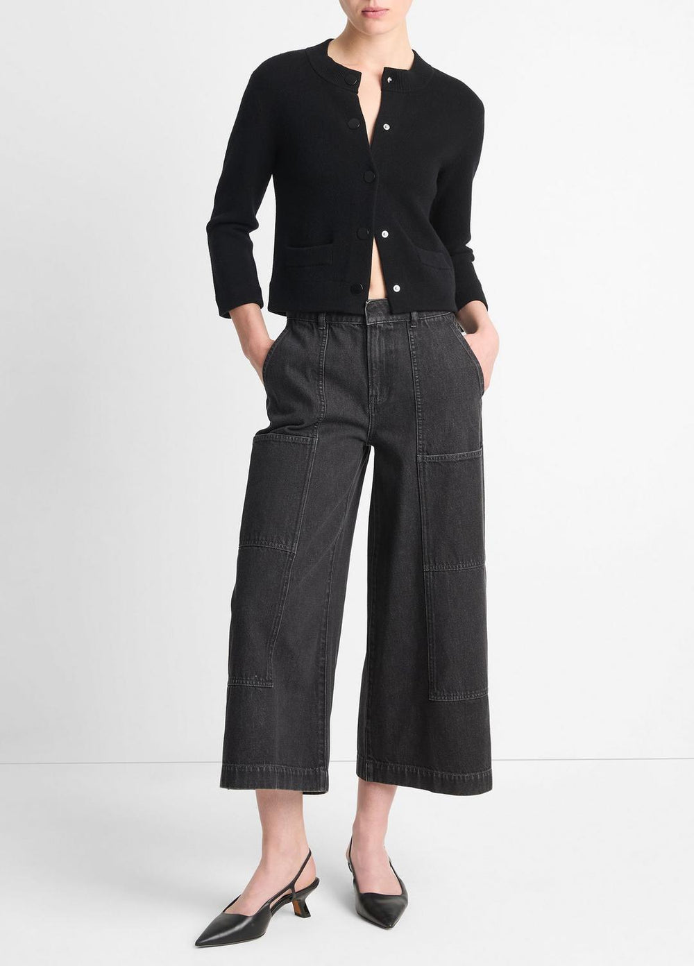 VINCE | Wool-Blend Shrunken Snap Cardigan in Cardigans - BLACK