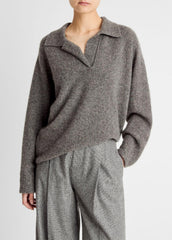 VINCE | Donegal Plush Cashmere Dolman-Sleeve Polo Sweater in Cashmere - MEDIUM HEATHER GREY DONEGAL