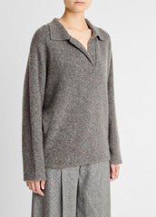 VINCE | Donegal Plush Cashmere Dolman-Sleeve Polo Sweater in Cashmere - MEDIUM HEATHER GREY DONEGAL