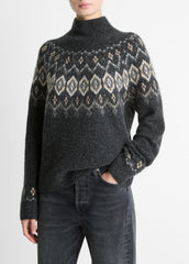 VINCE | Fair Isle Donegal Cashmere Turtleneck Sweater in Turtleneck - HEATHER CHARCOAL COMBO