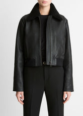 VINCE | Shearling-Trim Shrunken Leather Jacket in Leather Jackets - BLACK