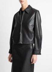VINCE | Leather Cropped Zip-Front Jacket in Jackets - BLACK
