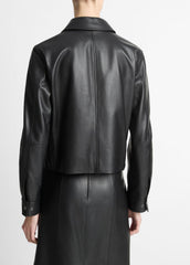 VINCE | Leather Cropped Zip-Front Jacket in Jackets - BLACK