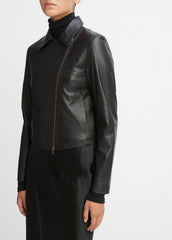 VINCE | Leather Cross-Front Moto Jacket in Leather Jackets - BLACK